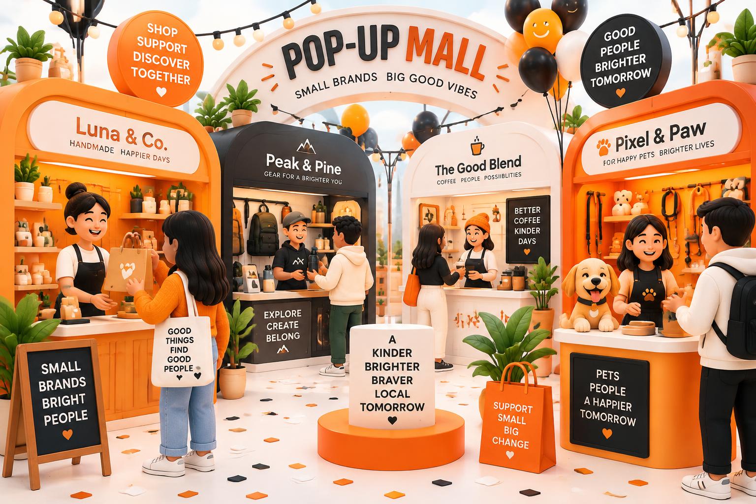 Illustrated pop-up mall with vendor booths